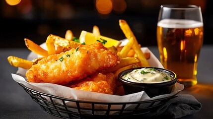 Crispy, golden fish and chips with tartar sauce and a cold beer, served in a basket. Perfect for a classic pub meal.