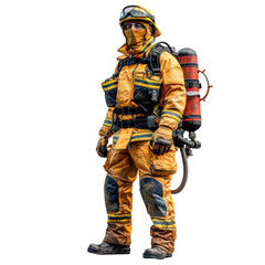 A brave firefighter in full gear stands ready for action, showcasing professionalism and dedication to safety.