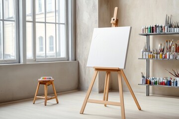 A Modern Art Studio with an Easel, Canvas, and Paintbrushes on the Table
