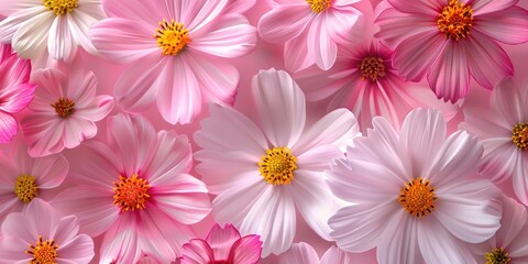 A floral design of pink and white flowers, their petals softly blending with the light pink background, creating a beautiful and pastel summer image.
