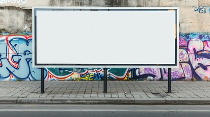 Urban landscape featuring an empty roadside billboard against a vibrant, graffiti-covered wall, showcasing the intersection of street art and advertising in a city setting