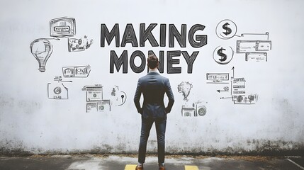 Single Businessmen standing in front of white wall with the Text "MAKING MONEY" and Icons. 