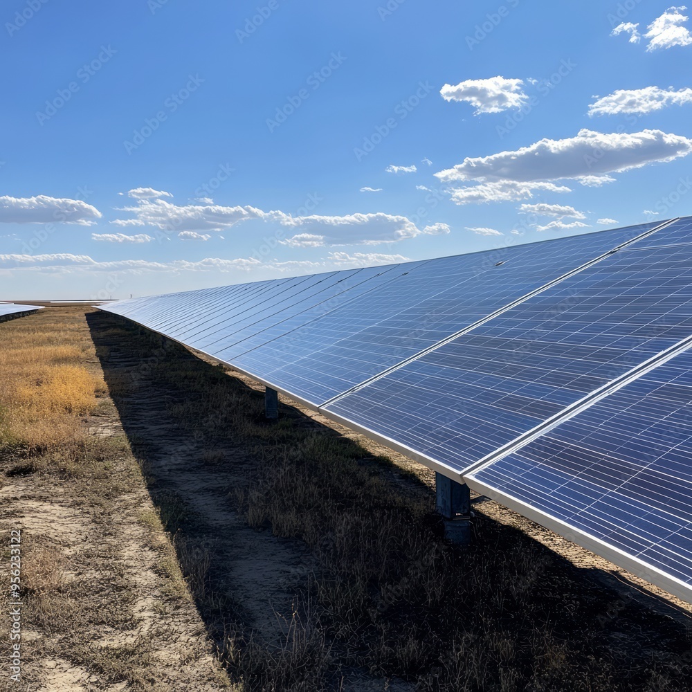 Canvas Prints A large solar panel field in a vast, open field under a clear blue sky.