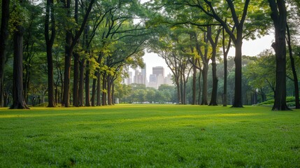 Obraz premium Serene Urban Oasis, a tranquil park filled with lush greenery, soft morning light filtering through trees, a blurred city skyline in the background offering a peaceful escape.