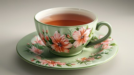 A green-handled tea cup with a delicate floral pattern, resting on a saucer, surrounded by the elegance of a spring morning.