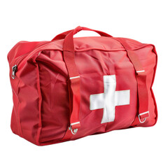 A red medical bag with a white cross symbol, ideal for emergency kits and healthcare supplies.
