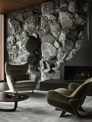 Sofa and chair by fireplace in wild stone cladding wall. Mid-century home interior design of modern living room