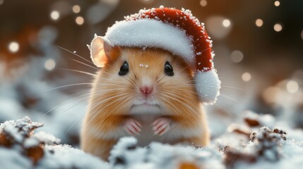 Festive Mouse Wearing Santa Hat in Snowy Setting, Highlighting Christmas Joy with a Whimsical and Heartwarming Scene