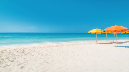 Tropical Paradise, a sunlit beach adorned with colorful umbrellas, pristine white sand, an inviting summer atmosphere perfect for relaxation and enjoyment.