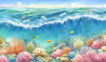 Fototapeta premium Watercolor the ocean surface with several plastic bottles floating on it