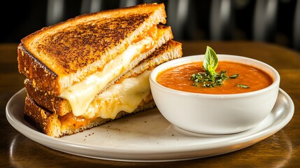 Delicious grilled cheese sandwich served with tomato soup on a white plate. Perfect comfort food meal for any time of day.