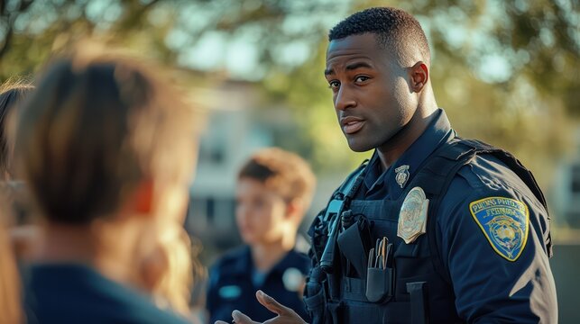 Police officer advising a group of teenagers about the dangers of drugs, showing their commitment to youth outreach.