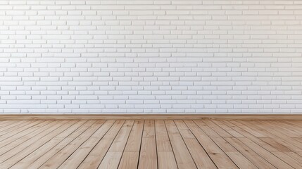 Fototapeta premium Urban minimalist space, white brick wall, empty wooden floor, ideal for showcasing modern design, versatile backdrop for creativity and inspiration in interior decor