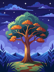 A Lonely Tree Standing Tall in a Nighttime Landscape