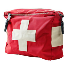 Naklejka premium Stylish red bag with emblem featuring a white cross, perfect for travel, outdoor activities, and everyday use.