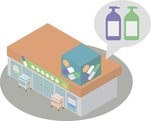 アイソメトリックなドラッグストアとシャンプーとリンスのイラスト