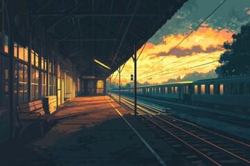 Fototapeta premium Tranquil scene of an old railway station with vintage details and soft, ambient lighting. Cozy vibe, Generative AI