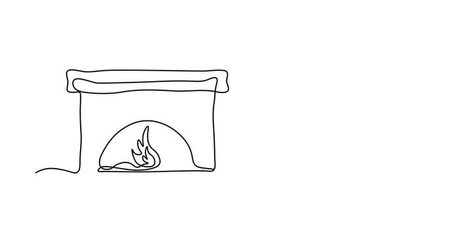 abstract fireplace burning hearth, bonfire socks for christmas gifts rocking chair. Cozy winter, autumn, sweet home. Self drawing animation one continuous line draw, logo