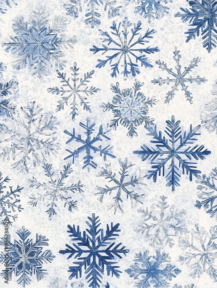 Leinwandbilder intricate patterns of abstract blue snowflakes intertwine against a soft white background, evoking a