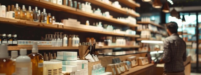 Fototapeta premium Organic skincare products on wooden shelves in a cozy store