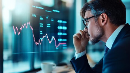 Businessman observing a falling interest rate graph with concern, economic downturn visualization
