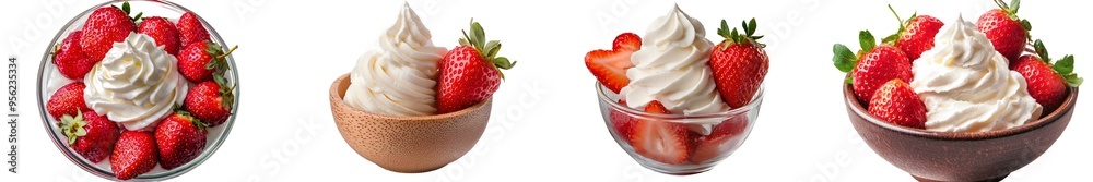 Poster a strawberry with sour cream and yogurt isolated on a white background, with full depth of field