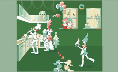 Fototapeta premium Vector illustrations of people and pets enjoying a home party. Pastry chef making a pie. a waitress serving drinks at a party. Cartoon style. Green background. party12