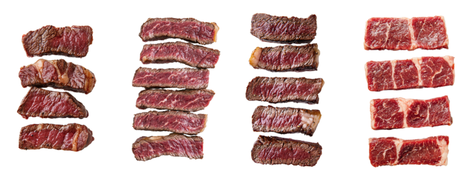 The angle of the steak is full depth of field, isolated on a white background.