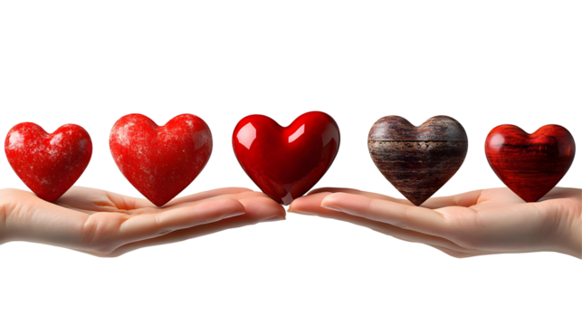 Five Red Hearts Held by Open Hands Against White Background, Isolated on Transparent Background