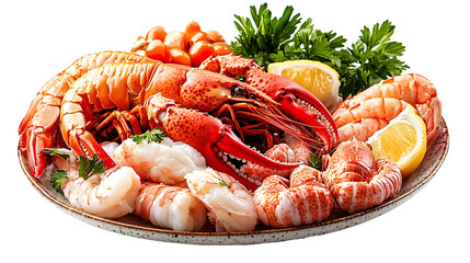 Freshly cooked lobster and shrimp with lemon wedges and parsley on a plate isolated on a transparent background.