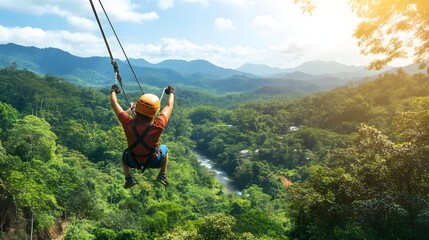 Tourists engaging in adventure activities like zip-lining through a rainforest, mountain climbing, or white-water rafting
