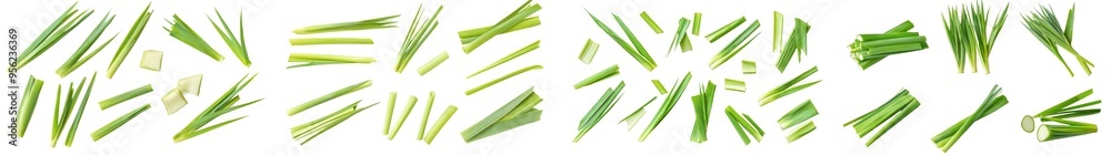 Poster the chopped green onion is isolated on a white background, with a full depth of field