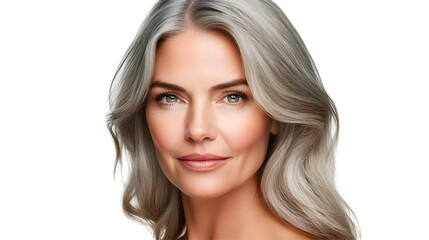 Fototapeta premium Close-up Portrait of a Woman with Long, Silver-Gray Hair and Green Eyes Smiling Softly, Isolated on a Transparent Background.