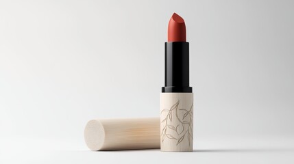 A lipstick tube mockup made from bamboo with etched patterns of growing vines and blooming flowers, emphasizing natural beauty and eco-friendly materials.