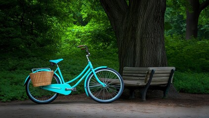 Fototapeta premium A Vintage Blue Bicycle with an Antique Leather Saddle and Basket in a Park