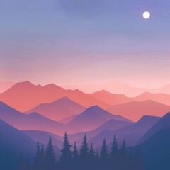 Silhouetted Pine Trees Against a Multi-Layered Mountain Range Under a Night Sky with a Full Moon