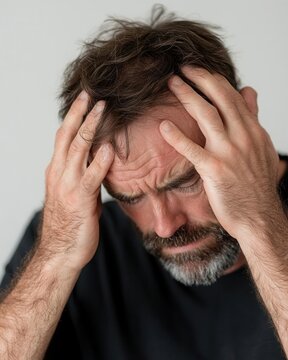 Man holding his head, suffering from vertigo or dizziness, inner ear or brain health problems concept.