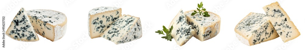 Poster full depth of field image of blue cheese on a white background