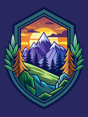 Mountain Landscape with Sunset and Pine Trees Framed by a Hexagon