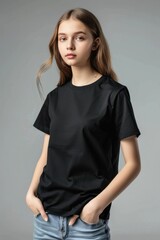 Fototapeta premium Young girl wearing a plain black t-shirt as mockup on studio background