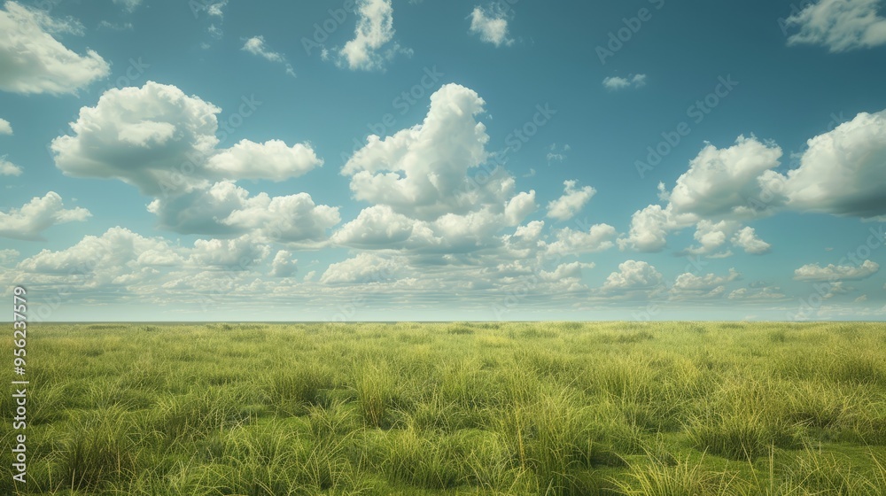 Poster A large field of grass with a few clouds in the sky