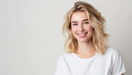 Beautiful blonde woman with shoulder-length hair in a white t-shirt smiles at the camera on an isolated on a white background, with ample copy space for a text banner.