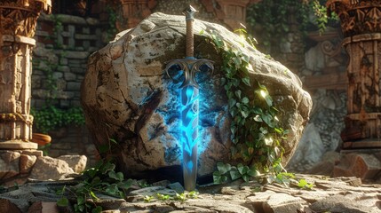 A mythical sword with a blue glowing blade, stuck in a rock at the center of an ancient ruin, with ivy climbing over the stone.