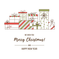 Christmas greeting card template. Christmas and New Year gift boxes in a minimalist style with a congratulatory inscription