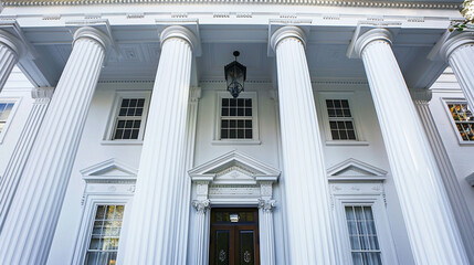 Medium close-up of a colonial-style building with white columns and a grand entrance.
