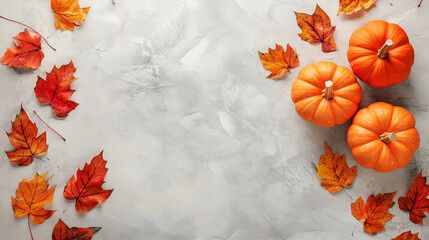 Jesienne tło z pomarańczowymi dyniami i opadającymi liśćmi na jasnym tle. Kompozycja oddaje urok jesieni, łącząc intensywne kolory i naturalne akcenty.