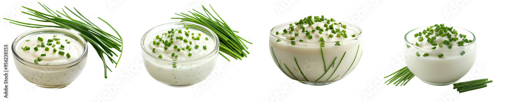 Poster onions and sour cream in a bowl on a white background, shallow depth of field