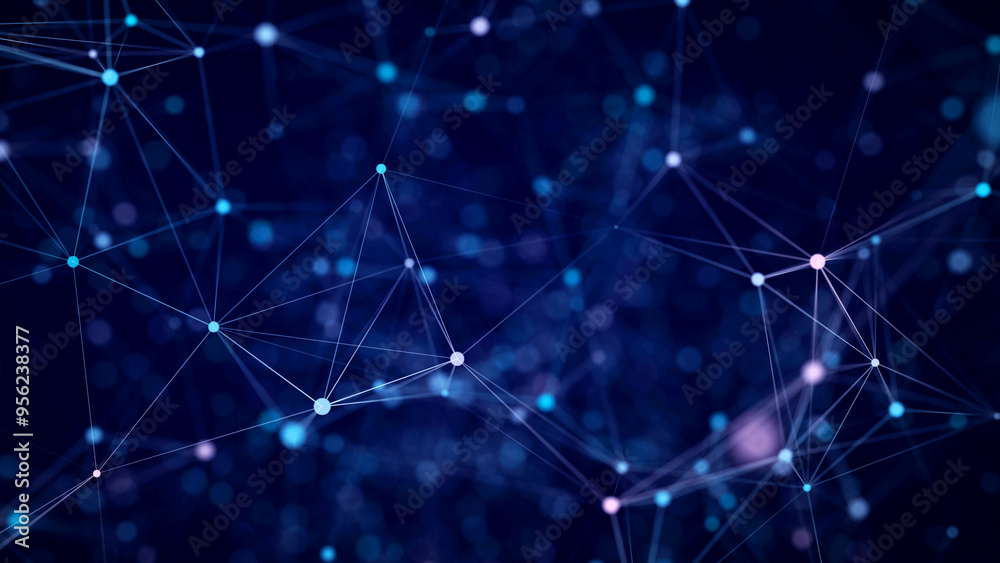 Poster Digital flow with connecting points and lines. Futuristic blue science background. Global network concept. Big data complex with compounds. 3D rendering.