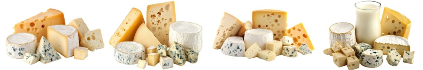 An assortment of dairy products, such as milk, sour cream, cheese, mozzarella, yogurt, are shown on a white background, in full depth of field.