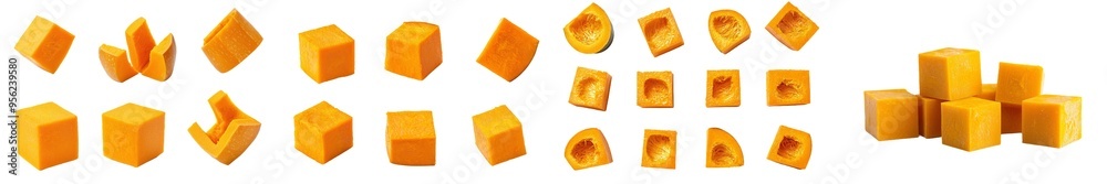 Poster an isolated pumpkin cube, loaded with depth of field, isolated on a white background